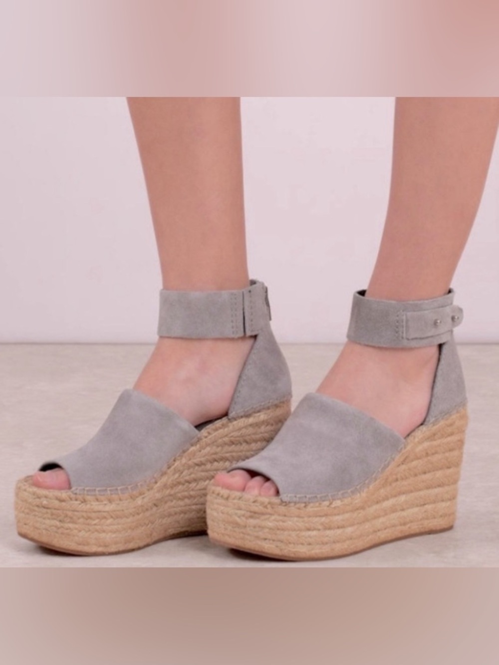 Dolce Vita Straw Light Gray Suede Espadrille Platform Wedge Sandals, SZ 7.5